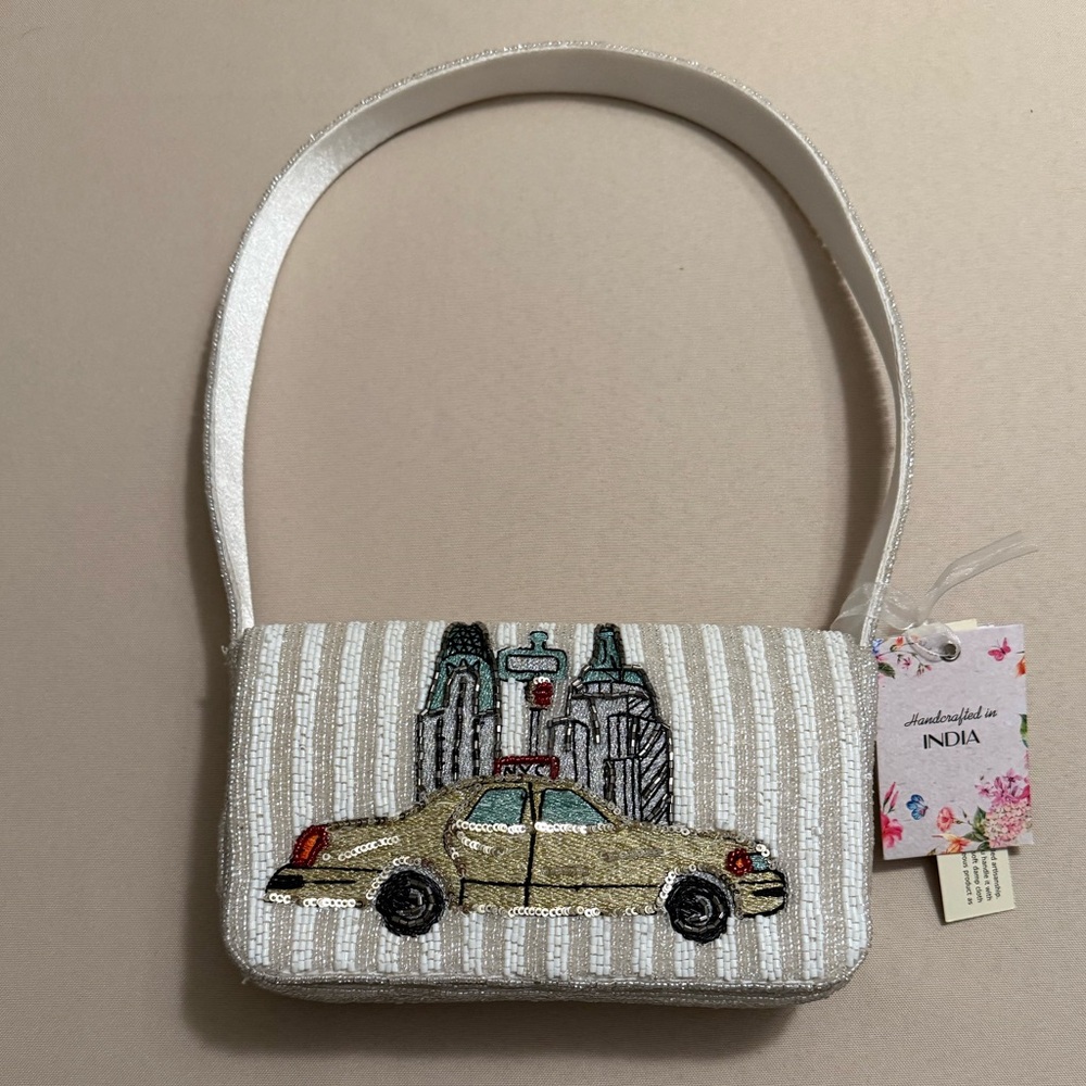 India Beaded Bag New York City NYC Taxi with Tan and White Stripes